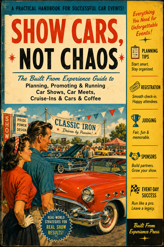 Vintage book cover titled "Show Cars, Not Chaos" with illustrated people around classic cars at a car show. The cover includes large red and blue typography and a yellow sidebar with tips, photographed straight-on against no separate background because the book fills the frame.