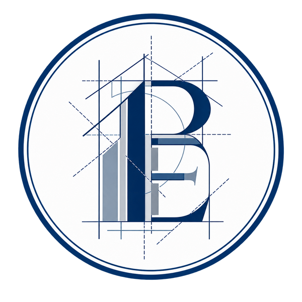 A circular logo featuring a stylized letter B constructed with geometric blueprint lines and dashed construction marks, in navy blue and light gray on a white background.